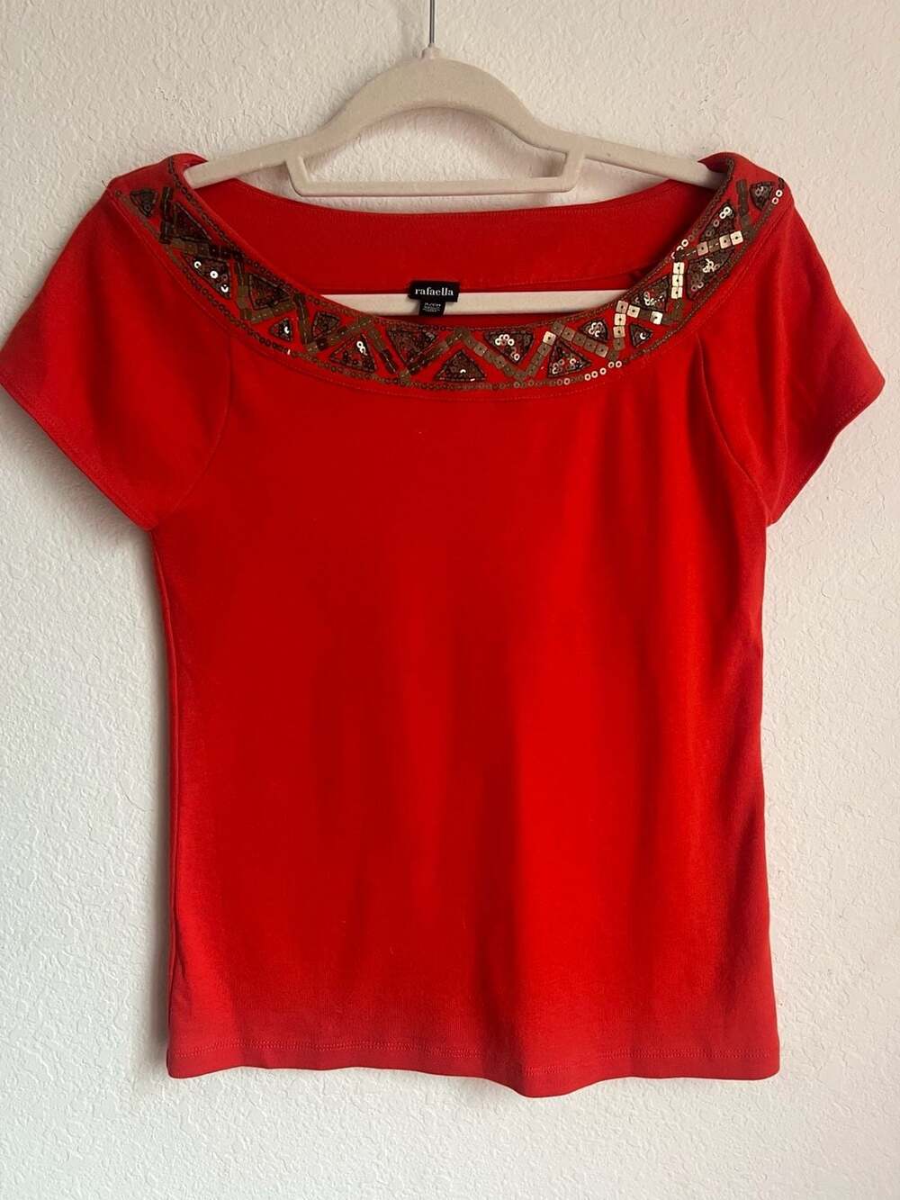 Rafaella Red Embellished Boat Neck Short Sleeve Top Size Small